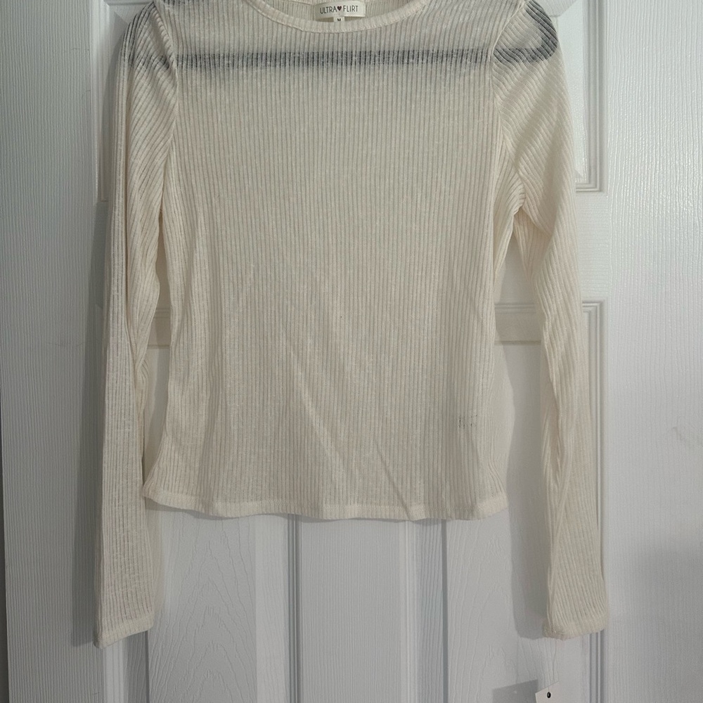 Ultra Flirt Tan Fitted Sheer Ribbed Long Sleeve See Through T-Shirt